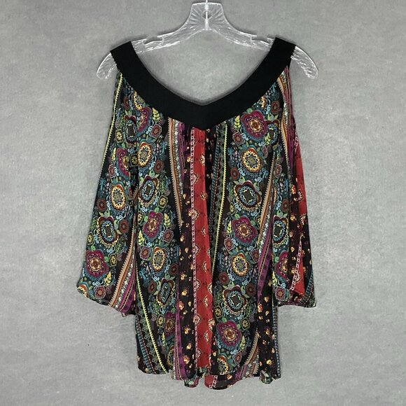 No Boundaries Top XL Floral Colorful Bold Open Shoulder Embroidery V-Neck Aztec - Picture 2 of 15
